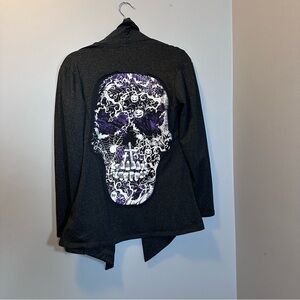 Skull cardigan up cycle cracked graphic Heathered black